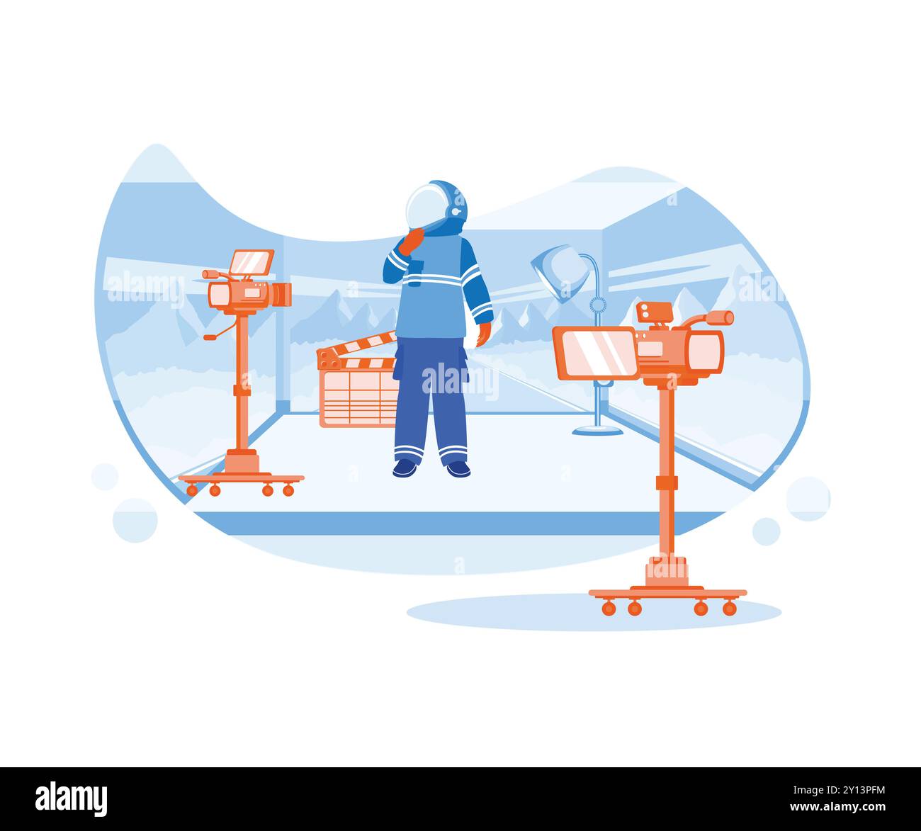 Dietro le quinte di un film astronauta su un gigantesco schermo a LED. Il direttore della fotografia ha girato la scena di Marte. Concetto di produzione cinematografica. Ill vettoriale piatto Illustrazione Vettoriale