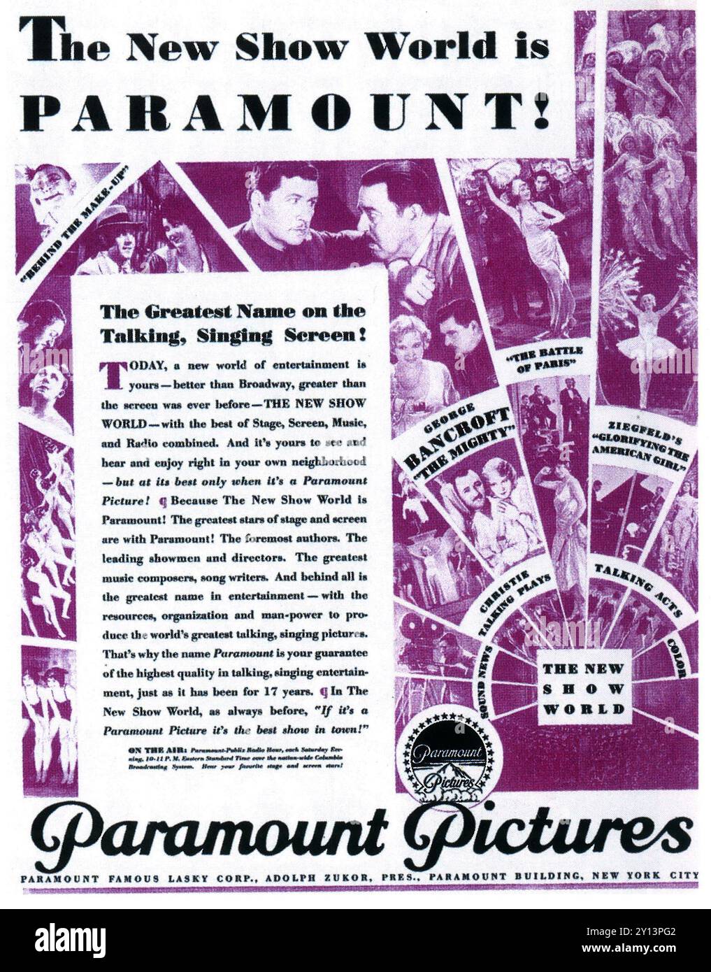 1929 annuncio Paramount Pictures - "il nuovo mondo dello spettacolo" Foto Stock