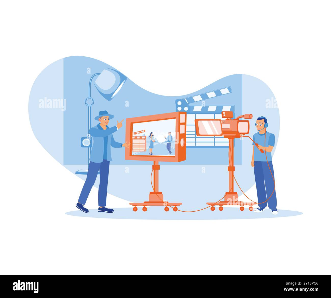 Il team della troupe sta filmando al chiuso. Il regista dà ordini ai due attori durante il processo di sparatoria. Concetto di produzione cinematografica. Vettore piatto i Illustrazione Vettoriale
