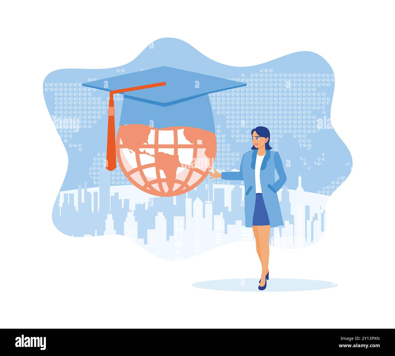 Una donna è in piedi accanto a Globe con un berretto graduato in cima. L'istruzione in un mondo globale. Concetto educativo. Illustrazione vettoriale piatta. Illustrazione Vettoriale