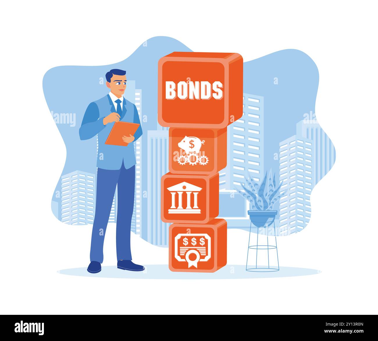 Gli imprenditori creano la gestione dei mercati finanziari delle obbligazioni societarie. Concetto di scenari di controllo finanziario. Illustrazione vettoriale piatta. Illustrazione Vettoriale