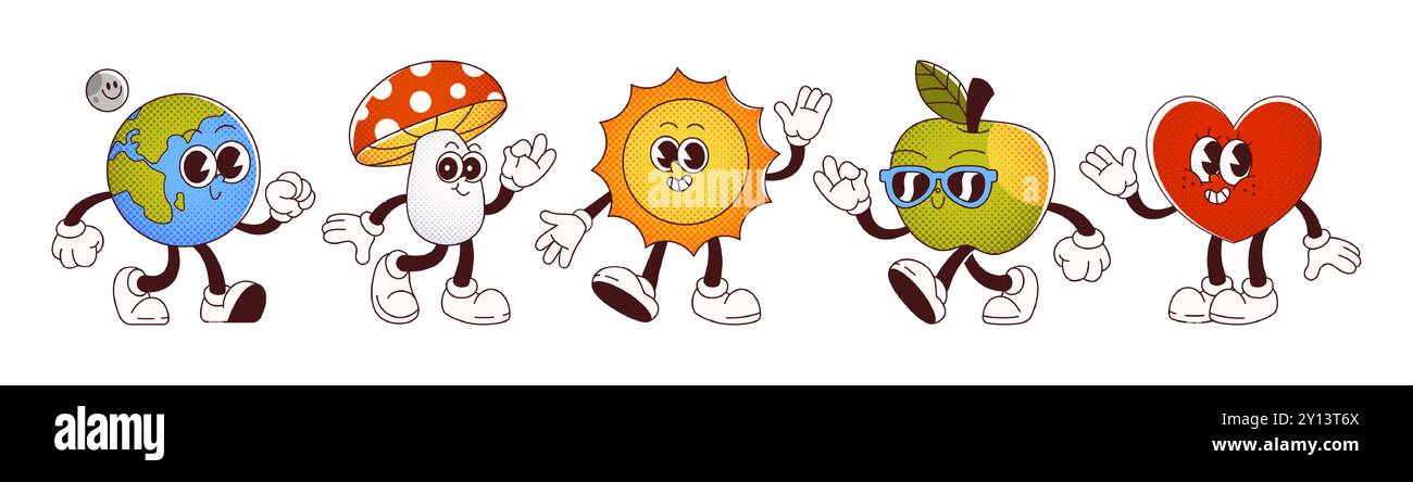 Simpatici personaggi cartoni animati. Mascotte fumettistica retrò vettoriale con volti, mani e gambe divertenti - globo terrestre con luna, fungo con berretto rosso punteggiato, sole con scoppio, mela verde in occhiali da sole, cuore. Illustrazione Vettoriale