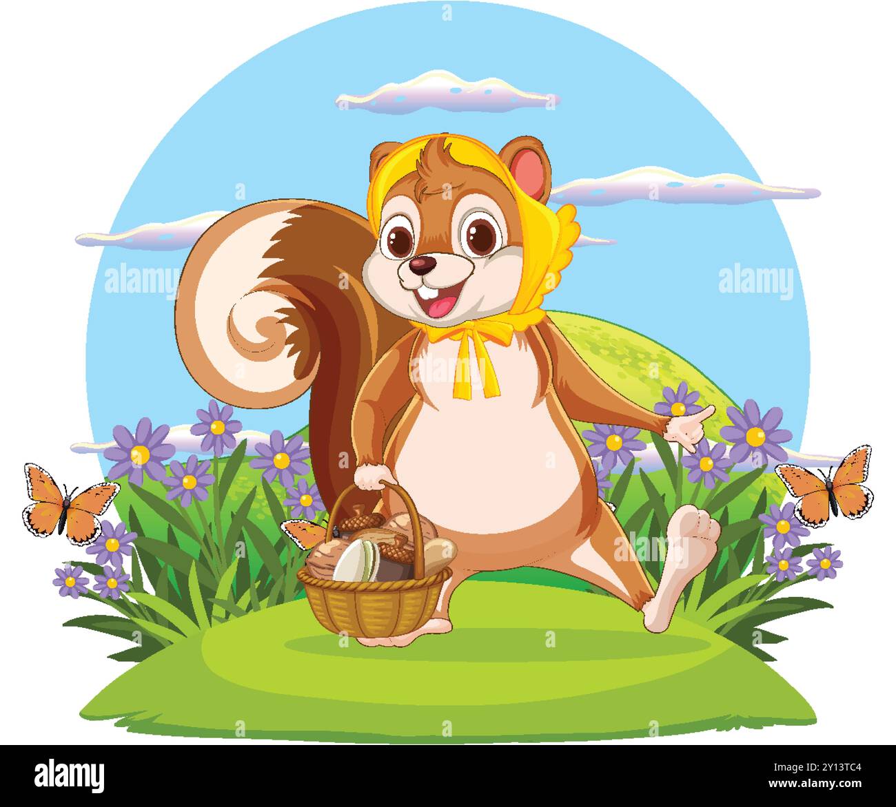 Cestino con scoiattolo in prato pieno di fiori Illustrazione Vettoriale