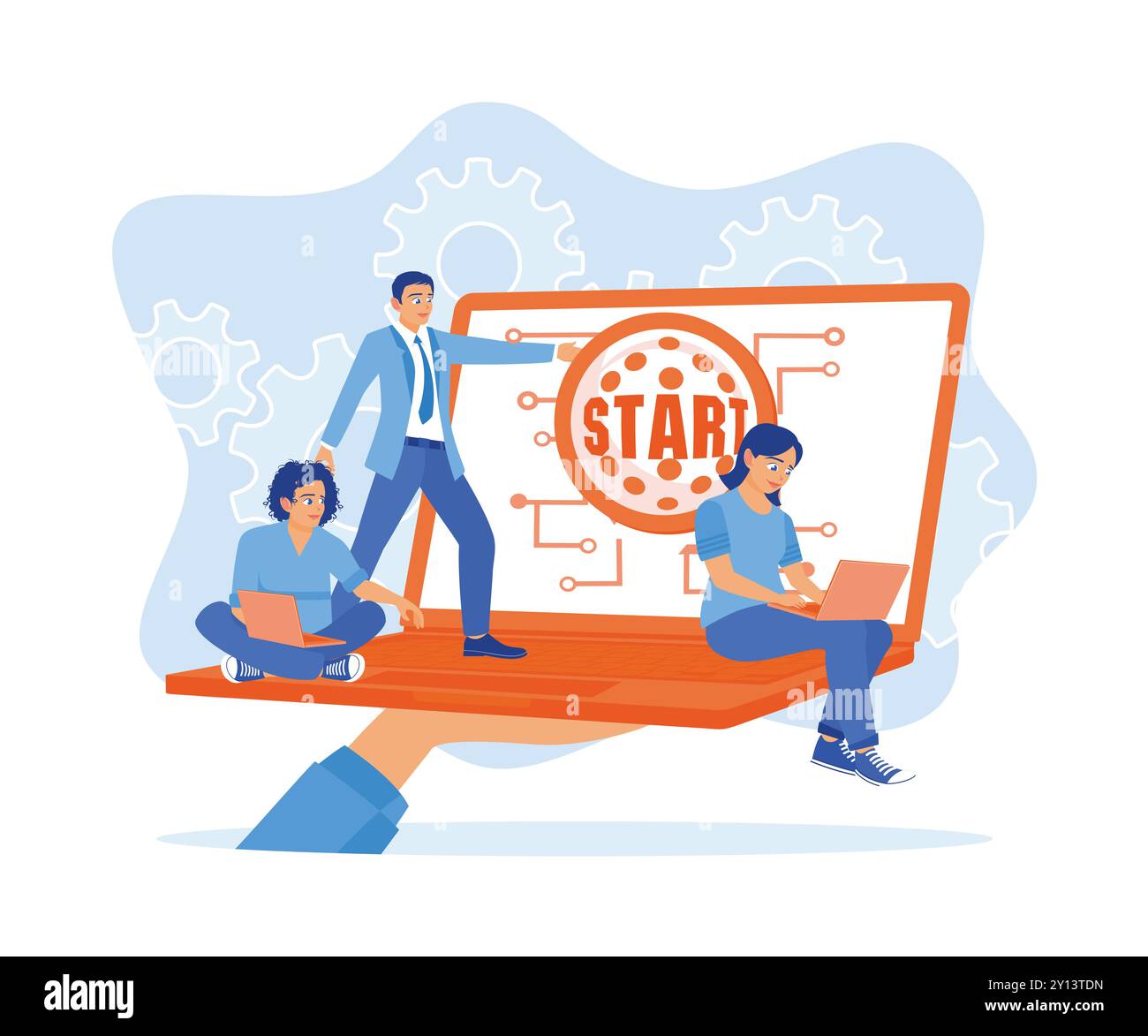 Grande mano che tiene un portatile. Uomo e donna che utilizzano un notebook con il pulsante START per iniziare. Concetto educativo. Illustrazione vettoriale piatta. Illustrazione Vettoriale