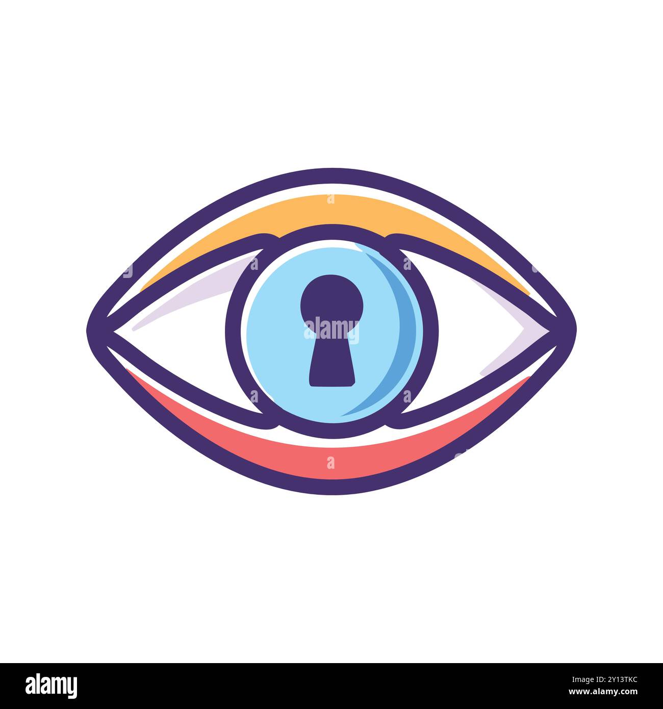 Icona occhio a forma di chiave. Occhiello con buco all'interno. Rappresenta segretezza, privacy e informazioni. Illustrazione Vettoriale