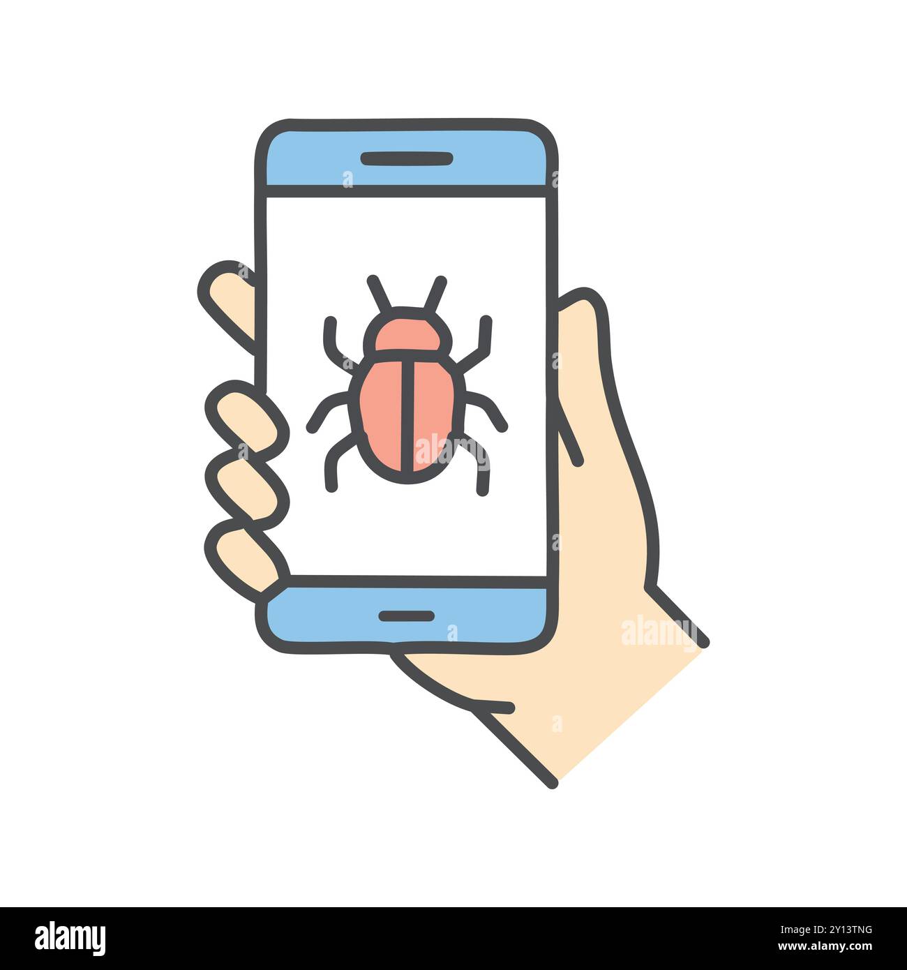 Icona bug telefono. Mano che tiene in mano uno smartphone con un'icona di bug sullo schermo, che simboleggia le minacce e le vulnerabilità alla sicurezza informatica. Illustrazione Vettoriale