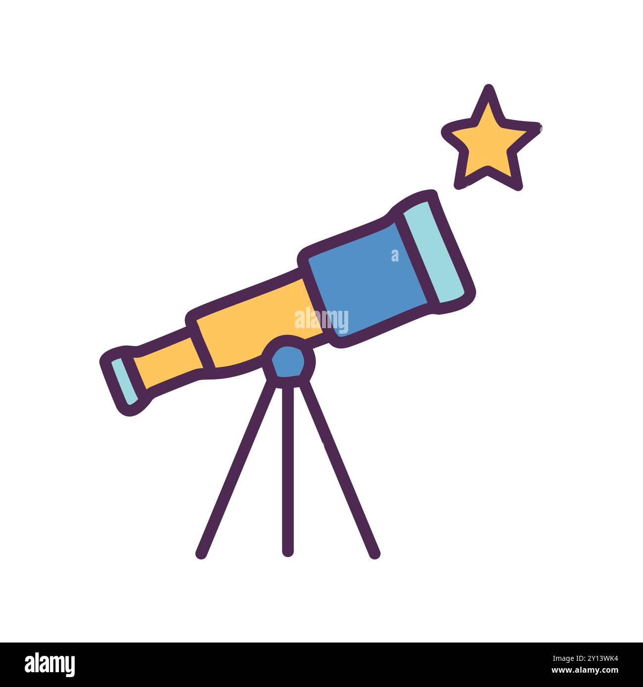 Osservazione delle stelle tramite telescopio. Telescopio su un treppiede puntato verso una stella, perfetto per l'astronomia e i temi esplorativi. Illustrazione Vettoriale