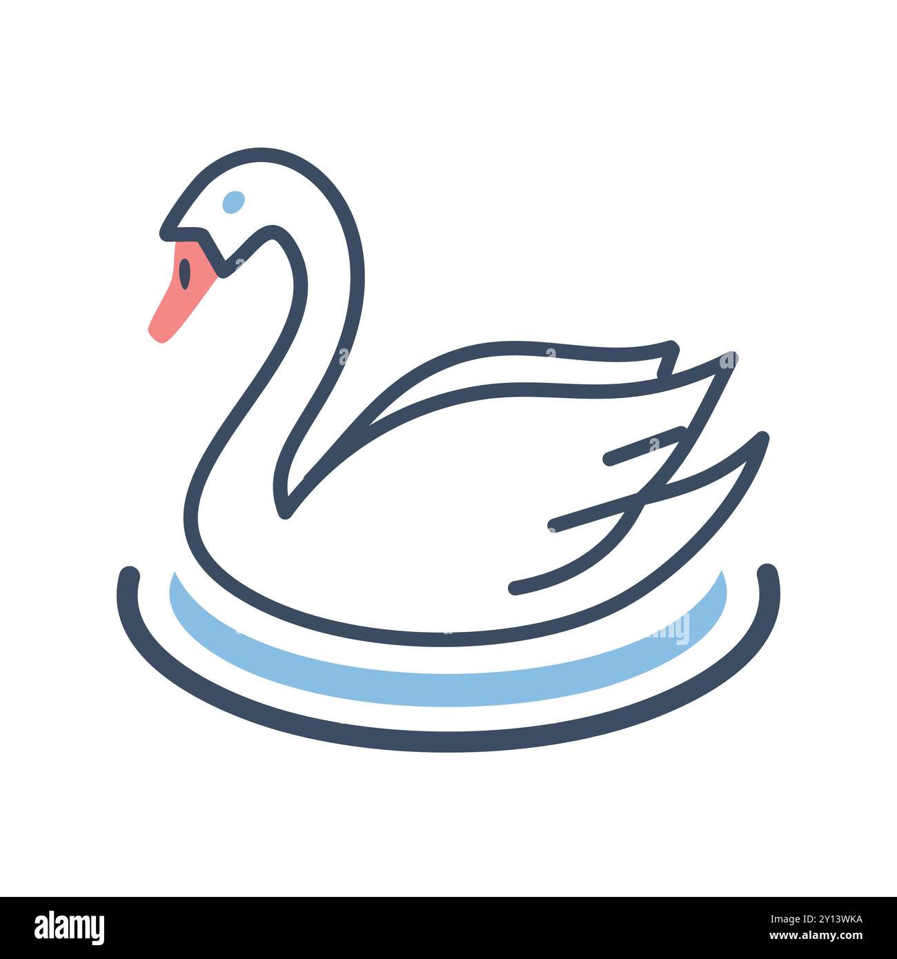 Uccello acquatico Swan. Semplice arte di linea di un cigno che nuota in acqua. Graziosa, elegante, serena. Illustrazione Vettoriale