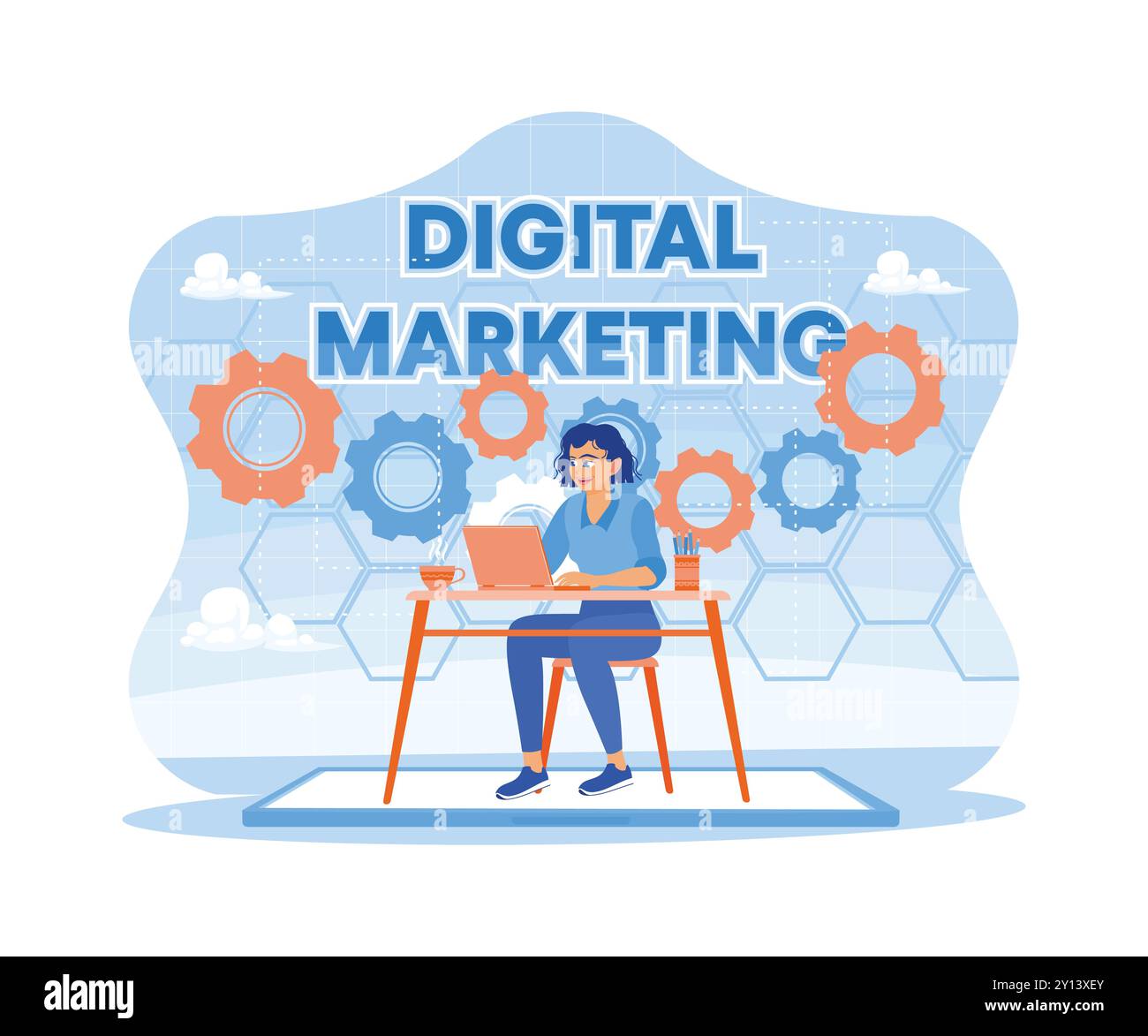 Donne che lavorano nello spazio di lavoro in uffici moderni. Migliorare le strategie aziendali di marketing online. Networking di marketing digitale su un concetto di interfaccia moderna. Illustrazione Vettoriale