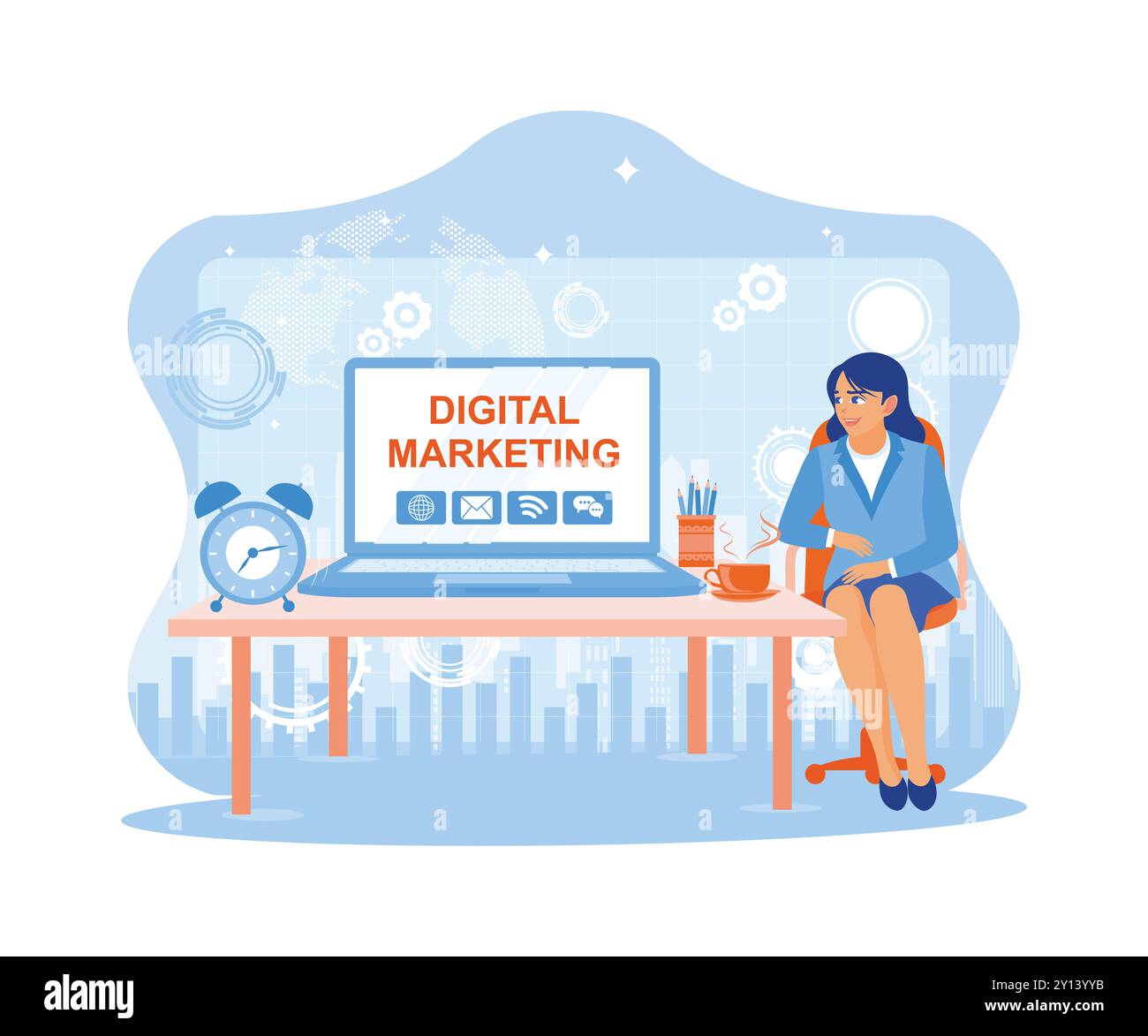 Una donna d'affari è seduta su una sedia accanto al tavolo. Utilizzare un notebook per creare concetti di marketing aziendale. Tendenza del concetto di contenuti di marketing digitale f Illustrazione Vettoriale