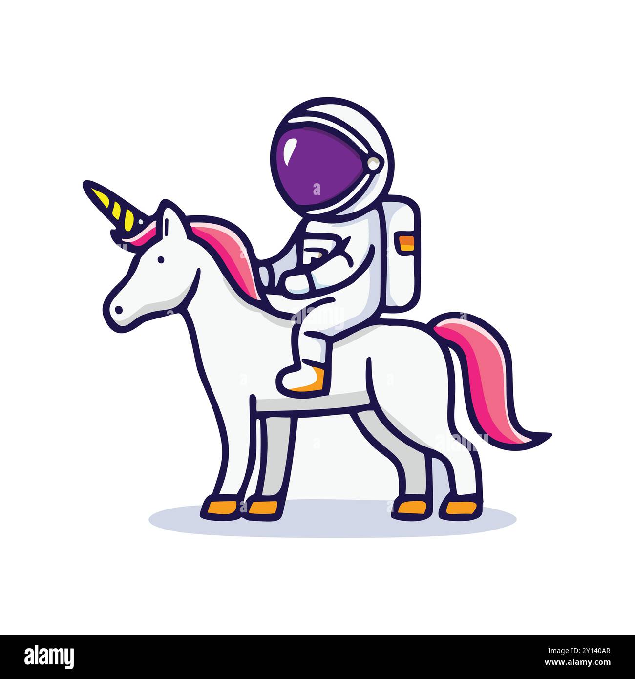 Astronauta che cavalca unicorno. Astronauta in tuta spaziale a cavallo di un unicorno. Un'illustrazione divertente e stravagante che simboleggia l'immaginazione e l'esplorazione. Illustrazione Vettoriale