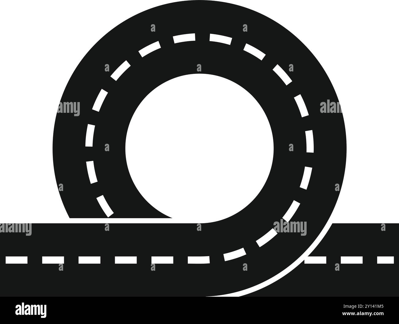 Questa semplice icona vettoriale raffigura un cavalcavia circolare che interseca una strada rettilinea, rappresentando l'infrastruttura di trasporto Illustrazione Vettoriale