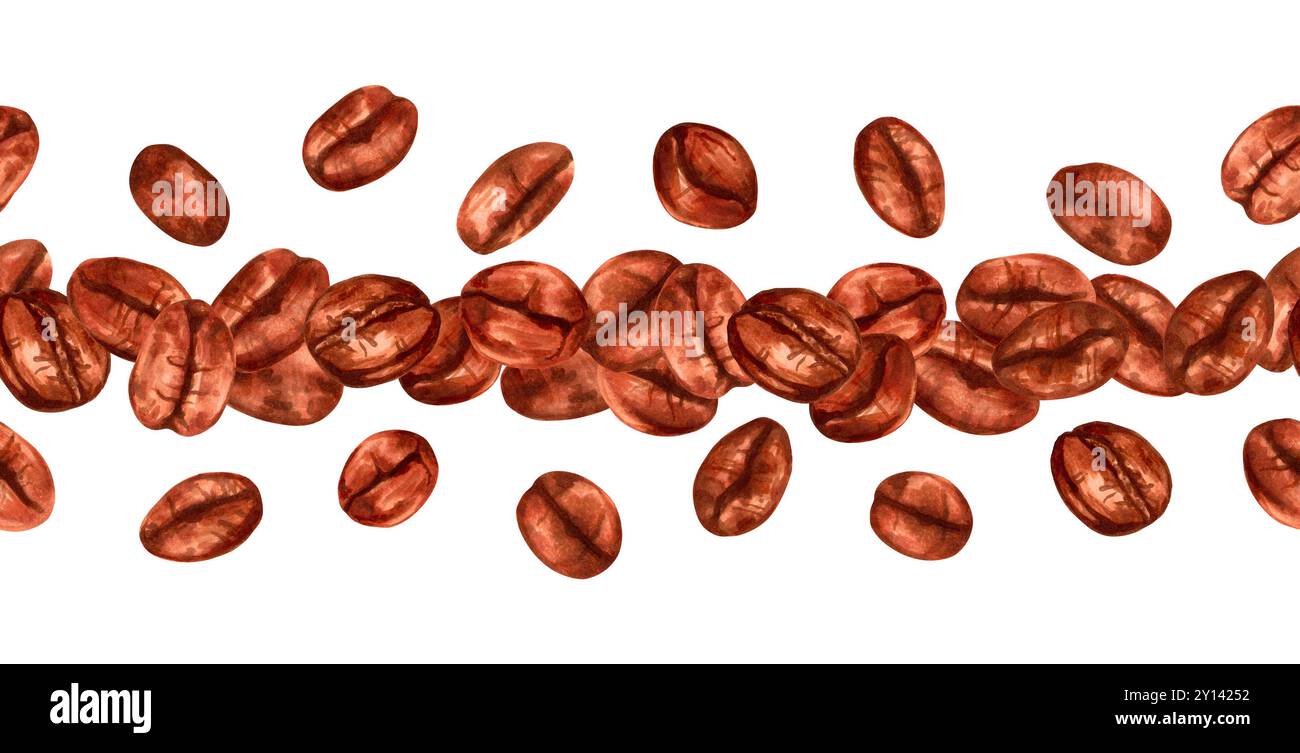 Bordo orizzontale senza cuciture in chicchi di caffè. Acquerello, illustrazione del pennarello. Aroma delle varietà robusta e arabica. Giornata internazionale del caffè. Disegnato a mano Foto Stock