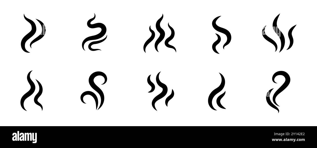 Set di logo del vettore dell'icona del vapore di fumo. Illustrazione dell'icona dell'odore di fumo, dell'aroma di vapore e del calore. Logo della linea di scarabocchi fuoco vapore caldo. Colpire puzza, caffè, fragranza elementi fiamma. Illustrazione vettoriale. Illustrazione Vettoriale