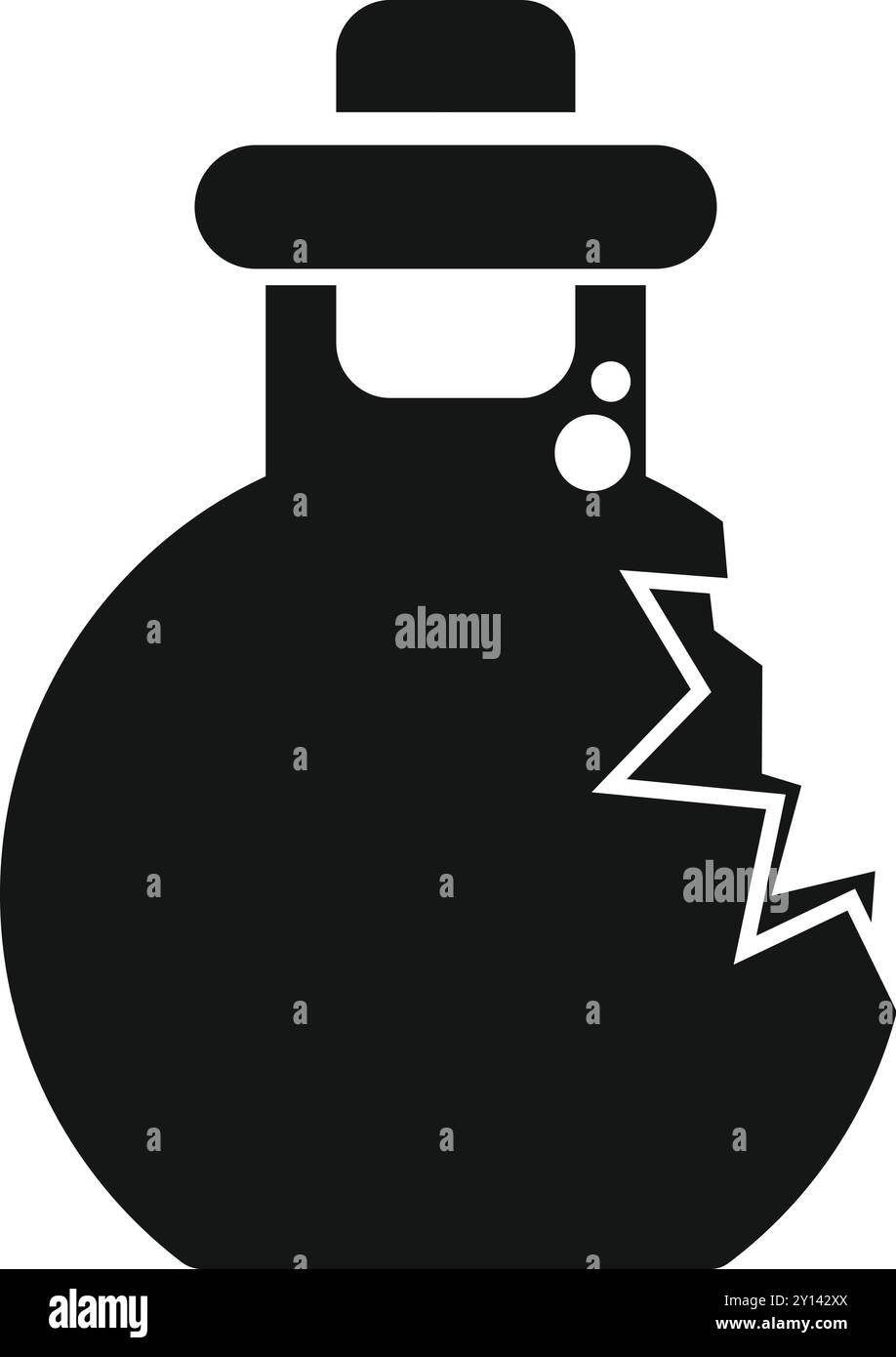 Icona vettoriale in bianco e nero di una fiasca chimica rotta, che rappresenta i potenziali pericoli connessi agli esperimenti scientifici Illustrazione Vettoriale