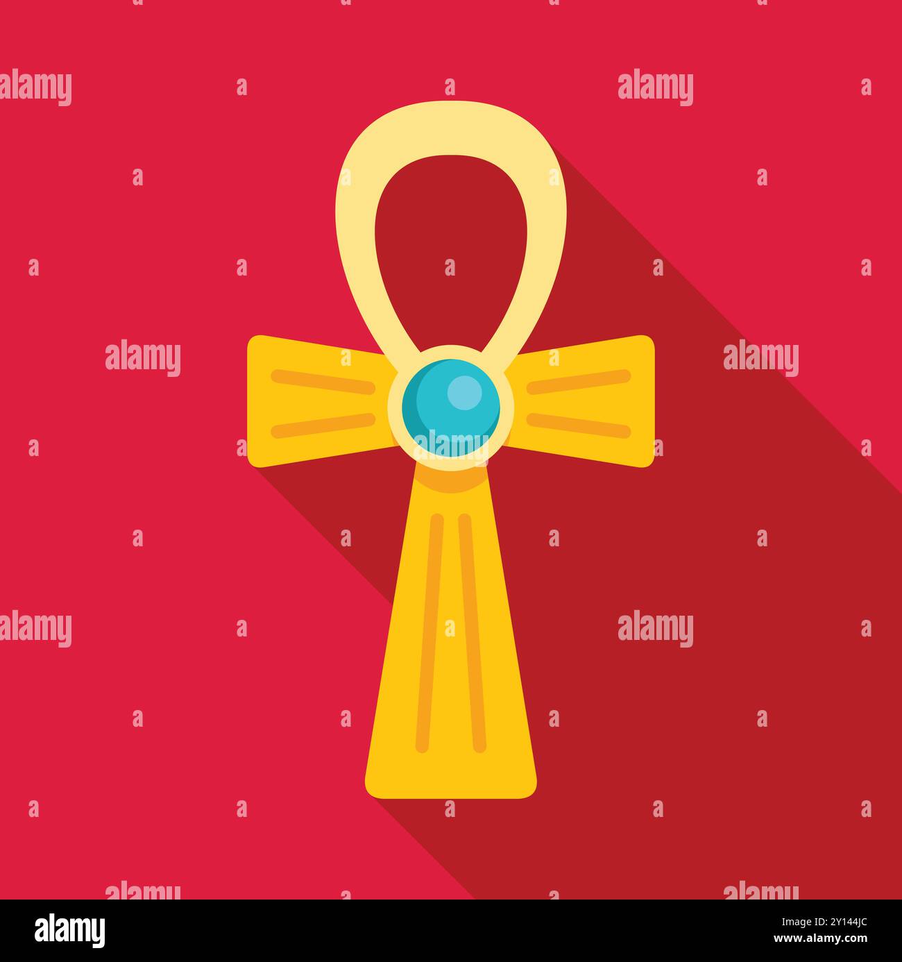 Ankh egiziano dorato con gemma blu che rappresenta la vita eterna, con una lunga ombra su sfondo rosso Illustrazione Vettoriale