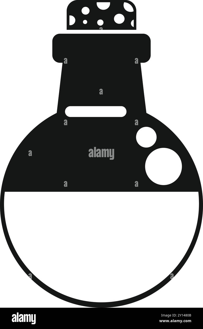 Profilo bianco e nero di una bottiglia rotonda in vetro contenente pozione gorgogliante con tappo in sughero Illustrazione Vettoriale