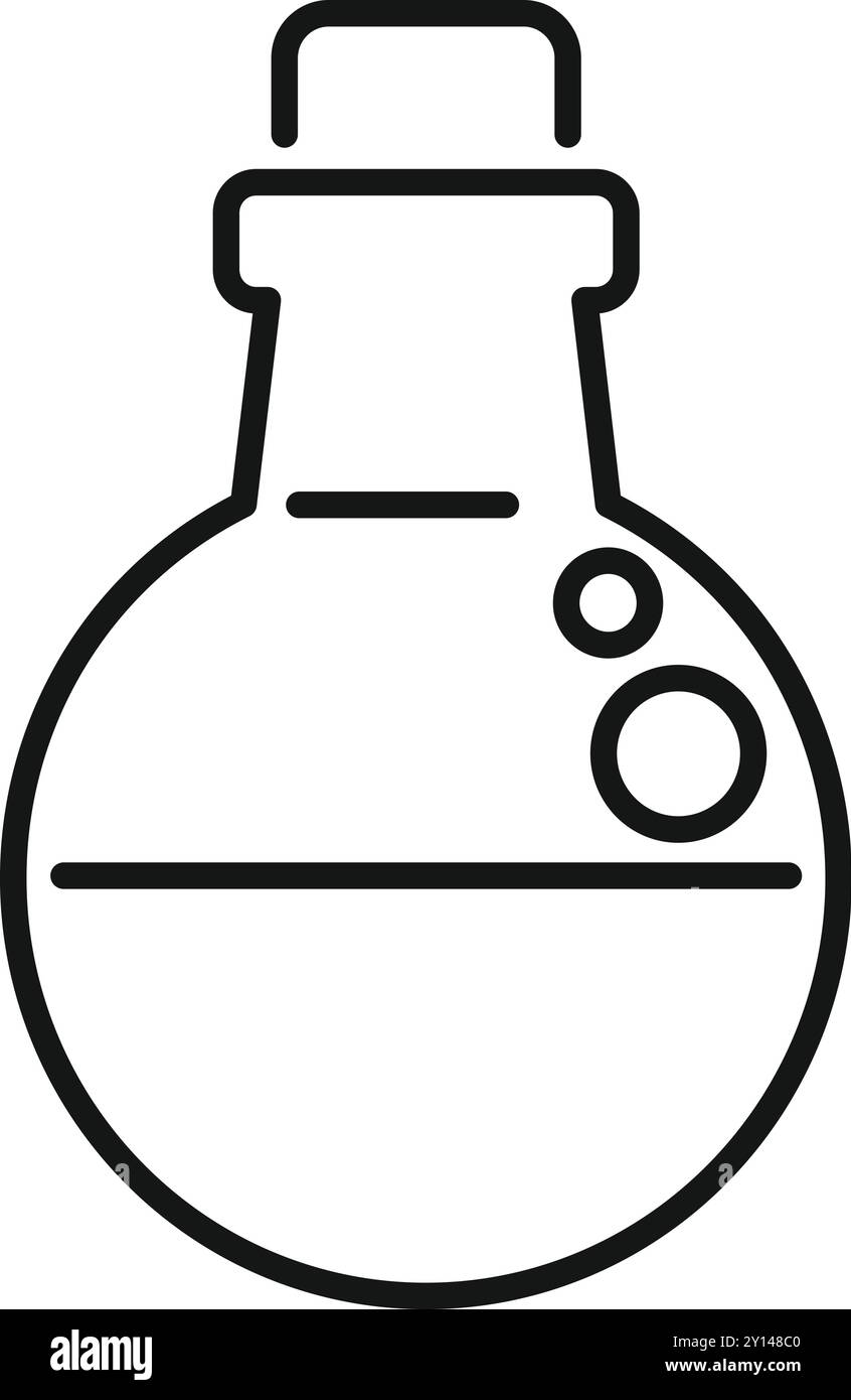 Semplice disegno lineare bianco e nero di un pallone a fondo sferico con bolle, perfetto per rappresentare le reazioni chimiche Illustrazione Vettoriale