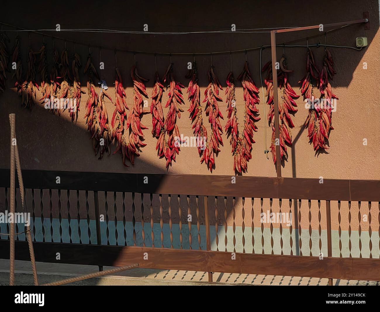 Peperoni ricamati illuminati dal sole che si asciugano su un balcone, tradizione macedone Foto Stock