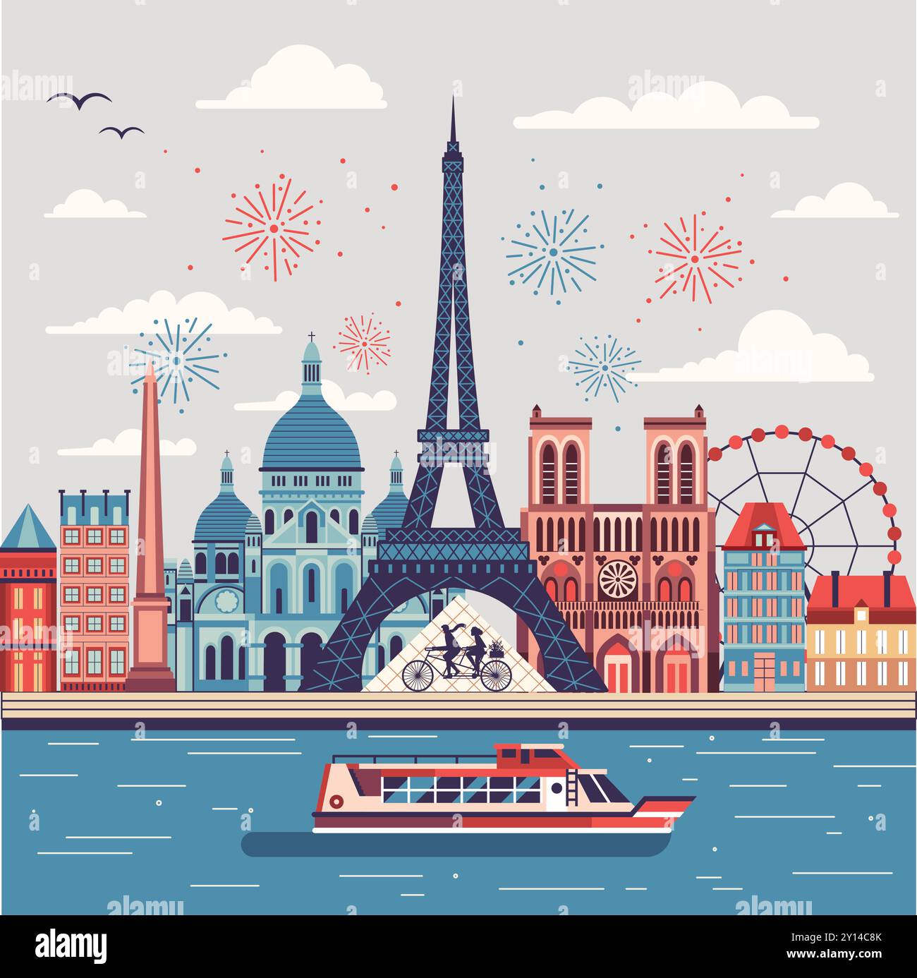 Scena di viaggio a Parigi con crociera sul fiume in barca turistica Illustrazione Vettoriale