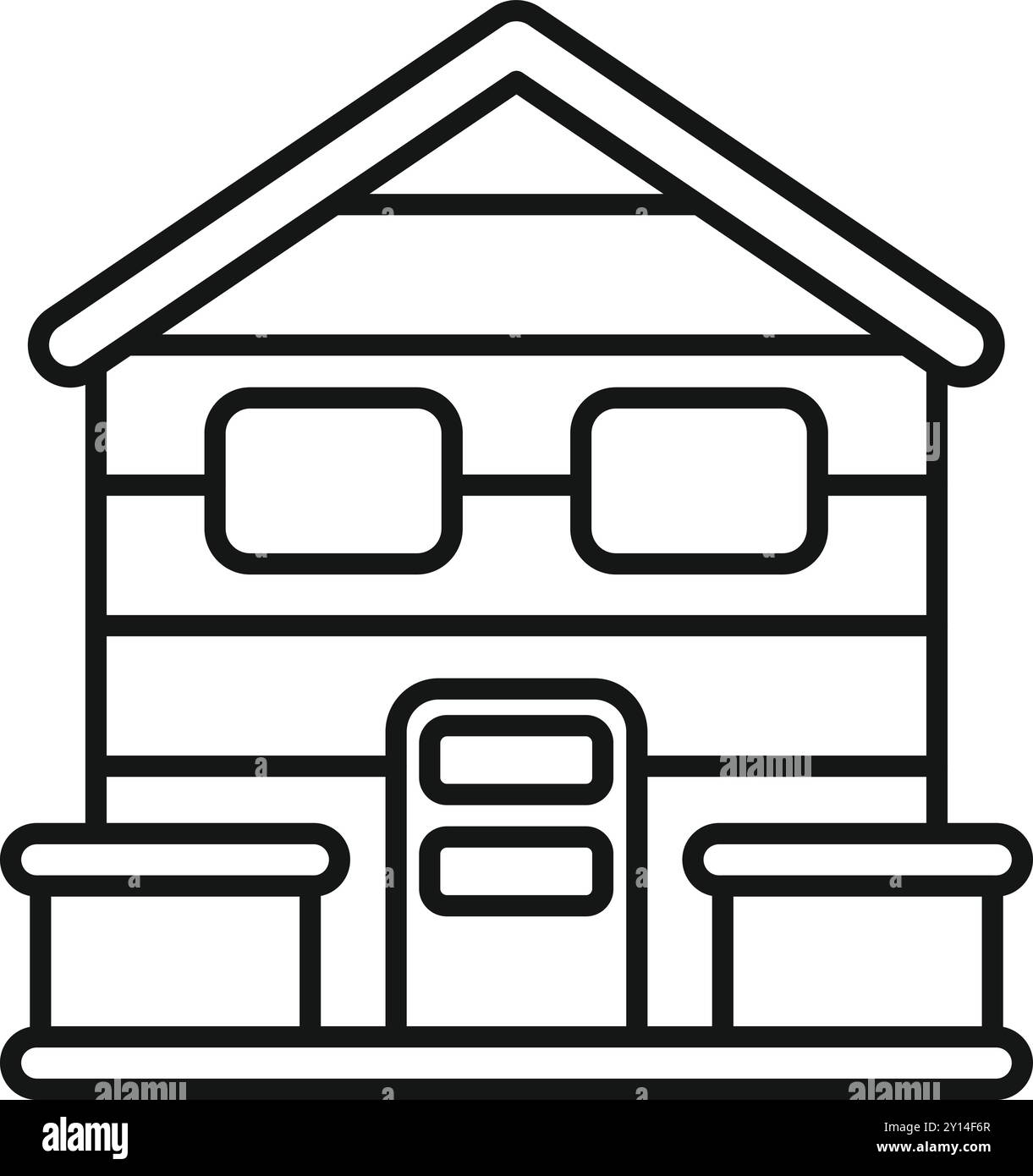 Disegno in linea di una piccola casa in legno con pannelli solari sul tetto, promuovendo una vita sostenibile e l'energia rinnovabile Illustrazione Vettoriale