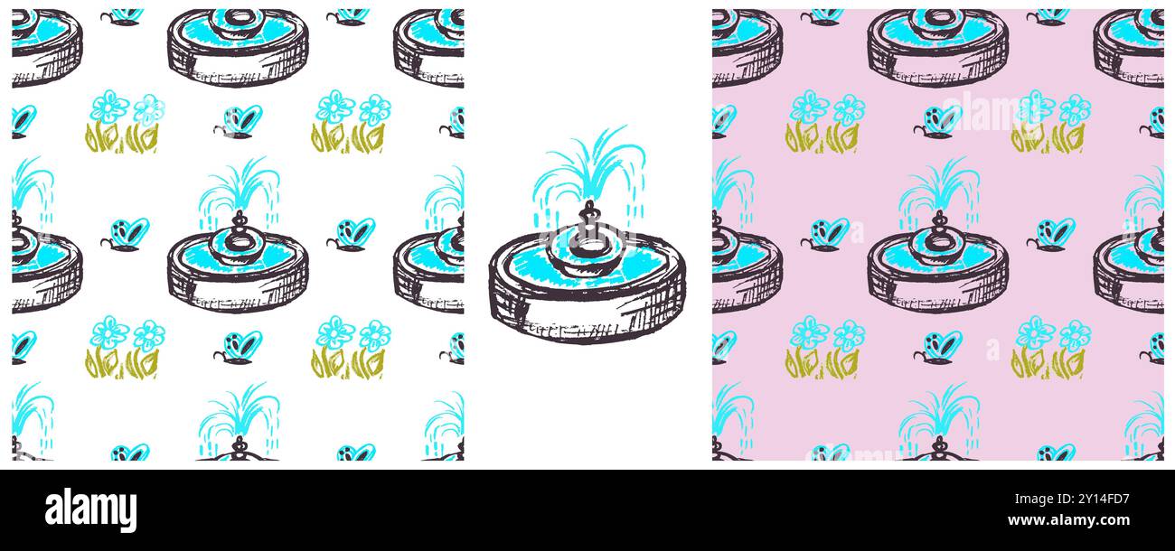 Motivo senza cuciture. Impostare i disegni con pastelli di cera. Fontane, fiori. Stampa per tessuti, tessuti, tessuti, carta da parati Illustrazione Vettoriale