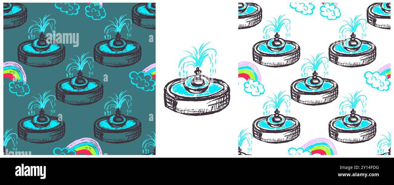 Motivo senza cuciture. Impostare i disegni con pastelli di cera. Fontane. Stampa per design in tessuto Illustrazione Vettoriale