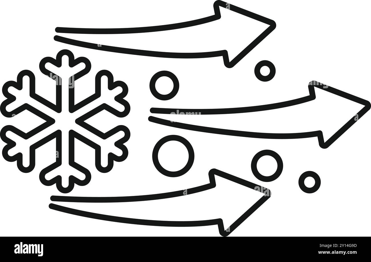 Semplice icona lineare del vento freddo che soffia con frecce e fiocchi di neve che rappresentano il freddo Illustrazione Vettoriale