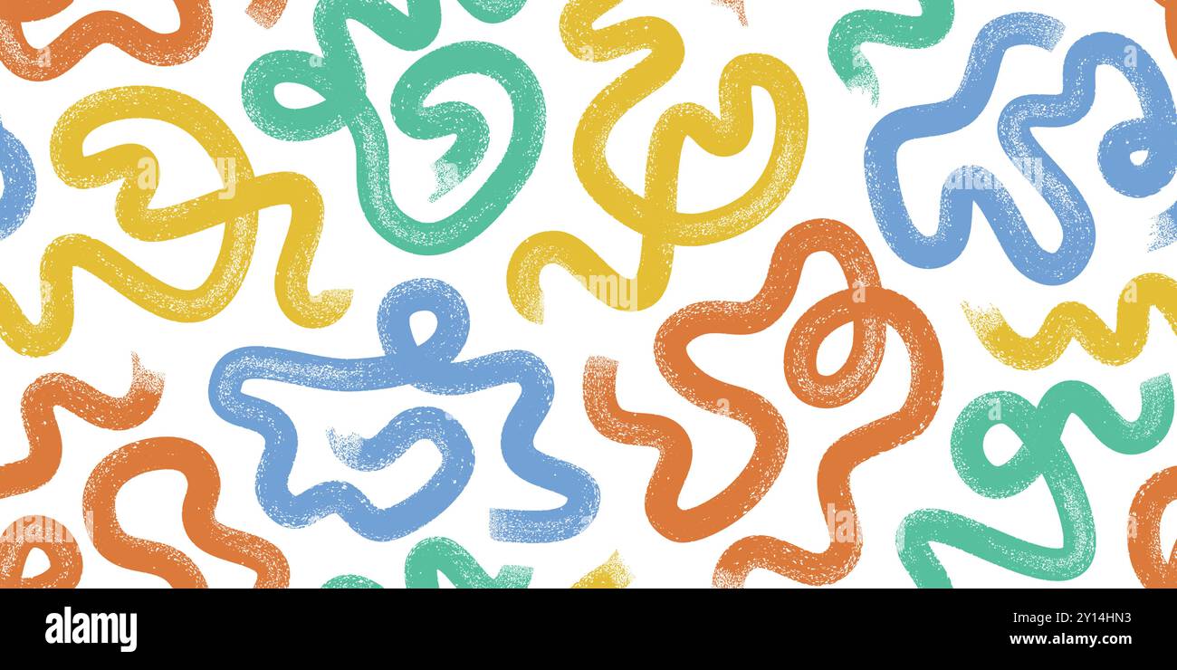Pennellate e linee audaci per bambini. Colorato disegno a mano con motivo vettoriale senza cuciture e loop squiggle. Illustrazione Vettoriale