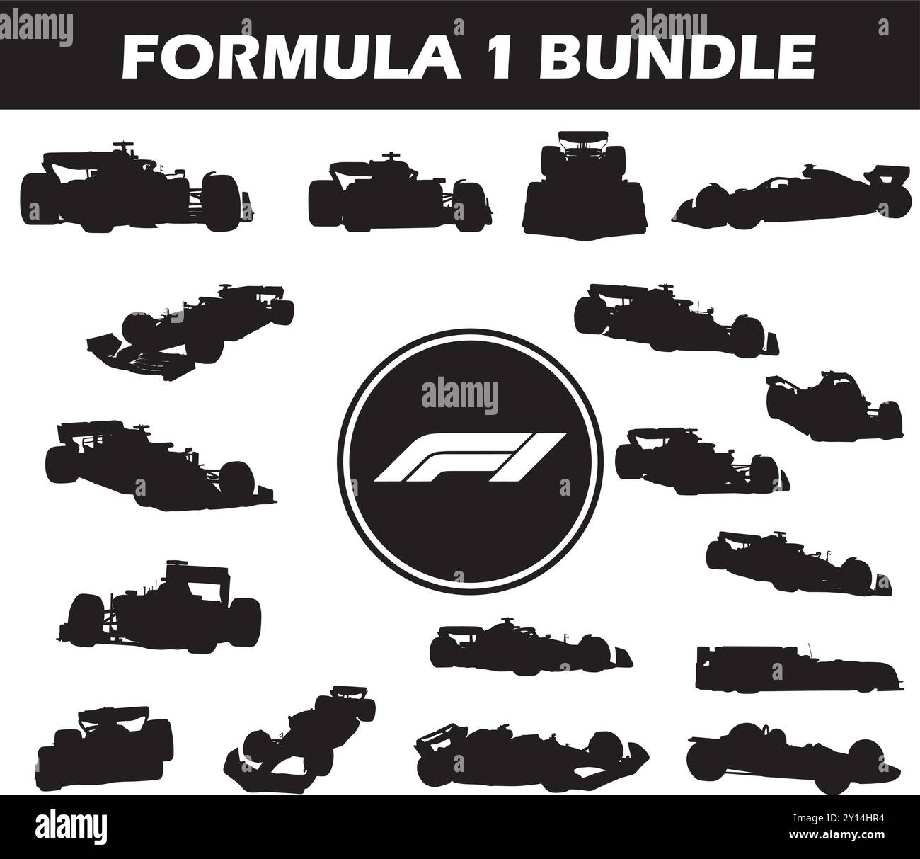 Pacchetto silhouette formula 1 | Collezione di giocatori di Formula 1 con logo e attrezzatura di Formula 1 Illustrazione Vettoriale