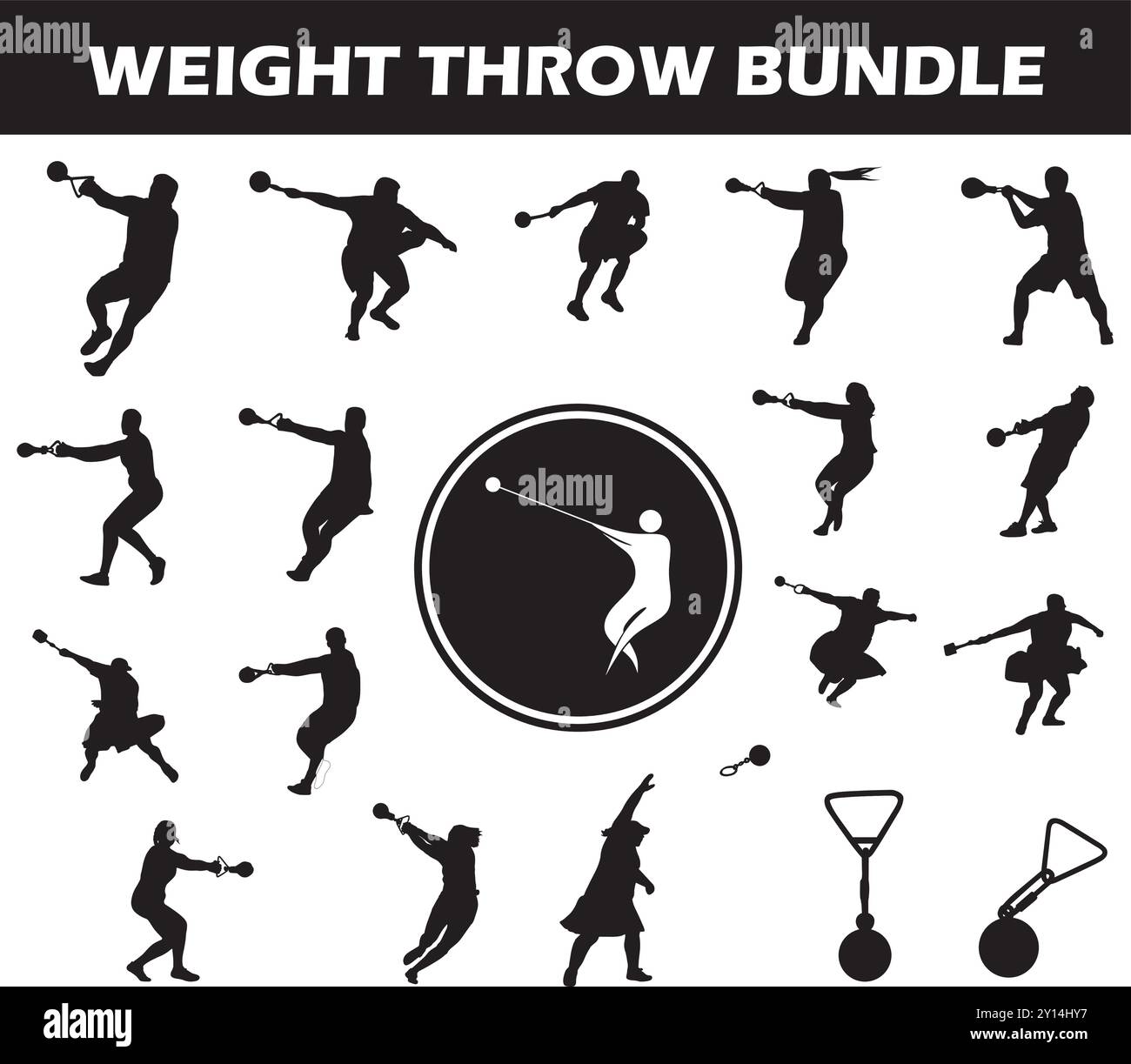 Pacchetto silhouette di lancio del peso | raccolta di giocatori di lancio del peso con logo e attrezzatura di lancio del peso Illustrazione Vettoriale