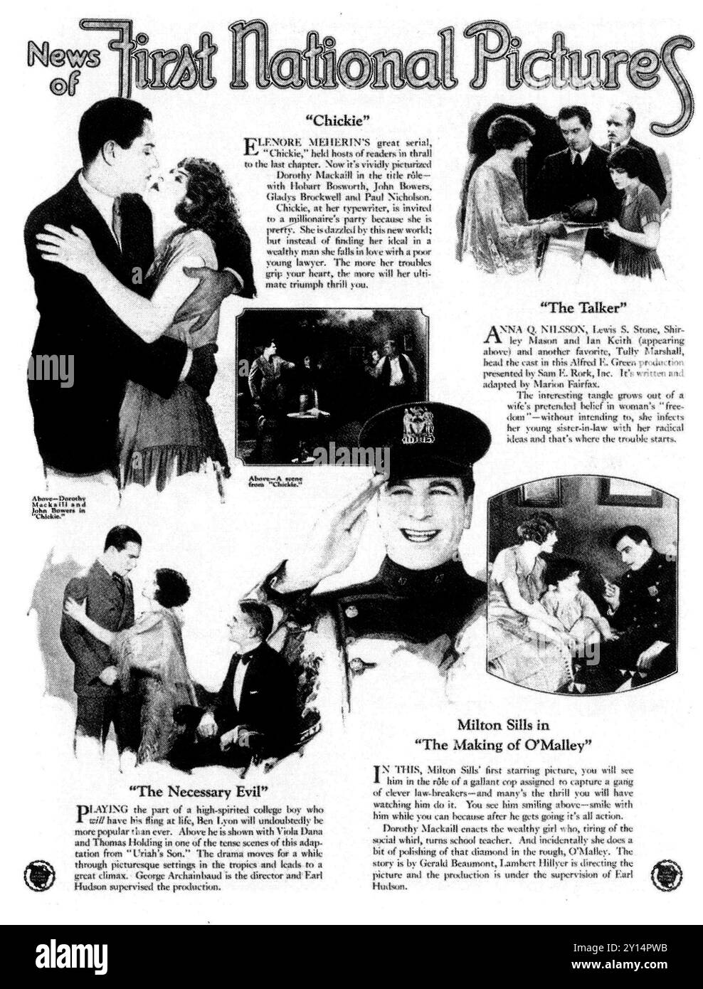 1925 primo annuncio di National Pictures Studio - "Chickie", "The Talker", "The Necessful Evil", Milton Sills in "The Making of o'Malley" Foto Stock