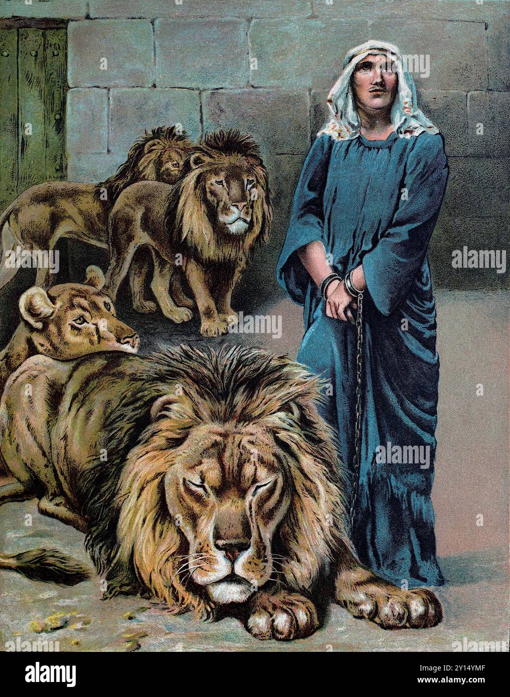 Daniel nella tana dei leoni. Da una raccolta di stampe a colori di illustrazioni di John Lawson (1838-1908), pubblicate in un libro di storie bibliche, c1897. Lawson nacque a Dunfermline, Fyfe, in Scozia, ma trascorse gran parte della sua vita in Inghilterra. Divenne noto per le sue sculture, dipinti e disegni di vetrate. Foto Stock