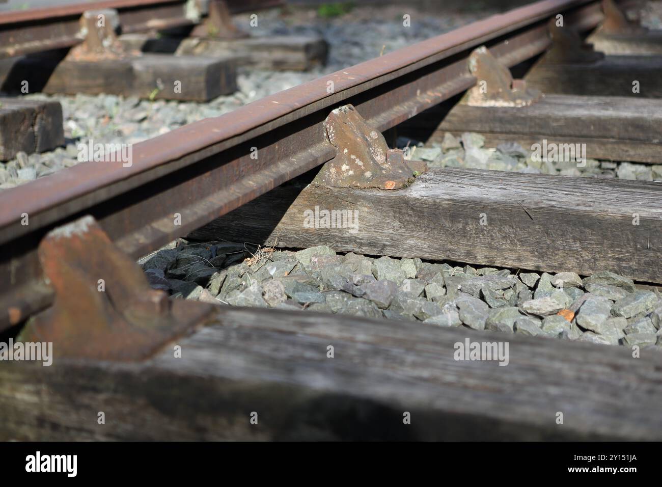 Binari ferroviari con traversine in legno e zavorra Foto Stock