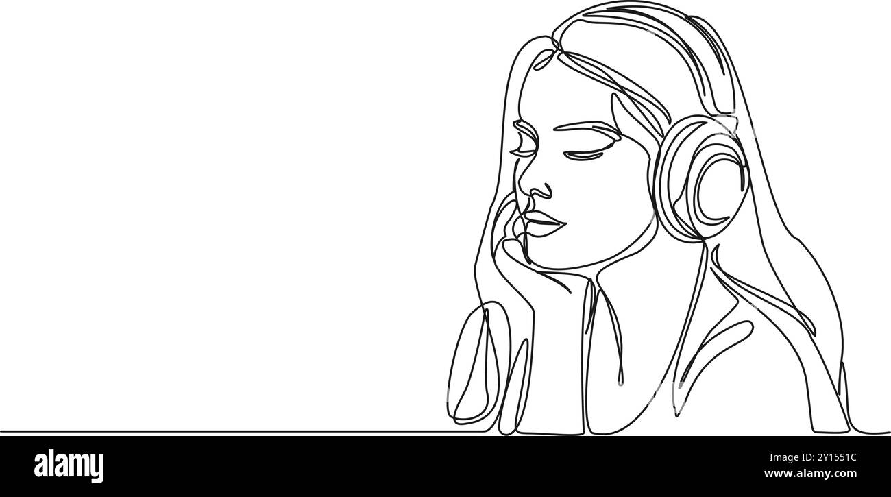 disegno continuo a linea singola di una giovane donna a occhi chiusi che ascolta musica con le cuffie, illustrazione vettoriale line art Illustrazione Vettoriale