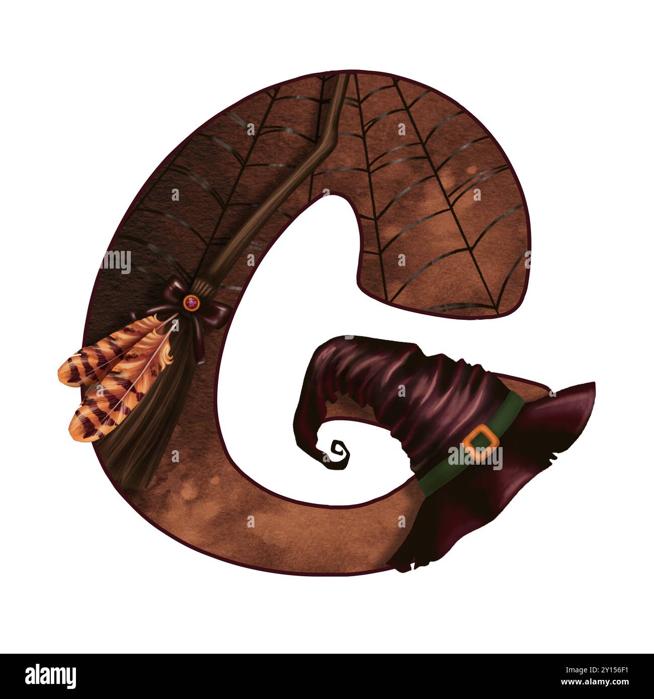 Illustrazione a doodle Letter G Halloween con cappello e scopa in stile cartoni animati. Alfabeto marrone scuro disegnato a mano. Disegno isolato perfetto per i font autunnali Foto Stock