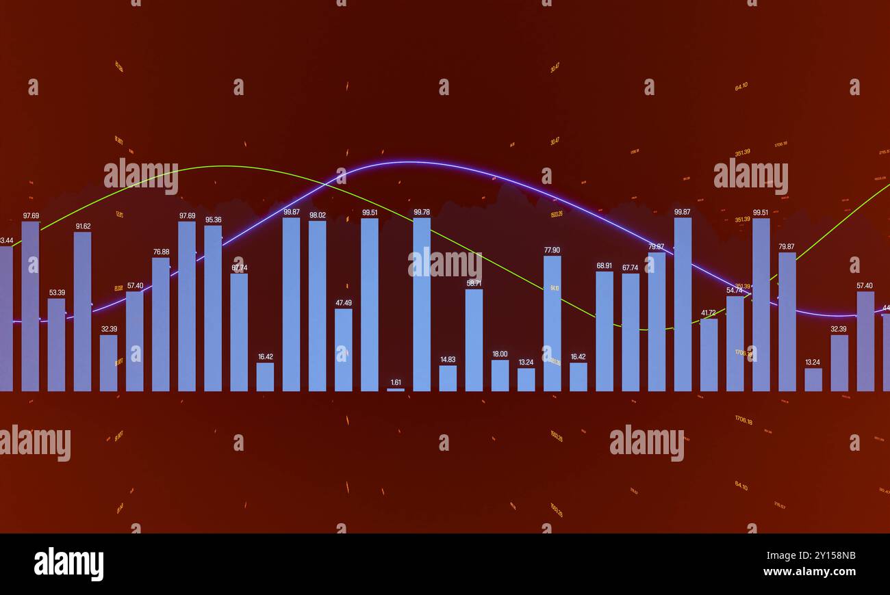 Grafico a barre blu astratto con dati finanziari. Grafico a barre blu astratto con dati finanziari, circondato da altre figure. Diagramma e linee in movimento sullo sfondo. img business053 s01 bar graph data Foto Stock