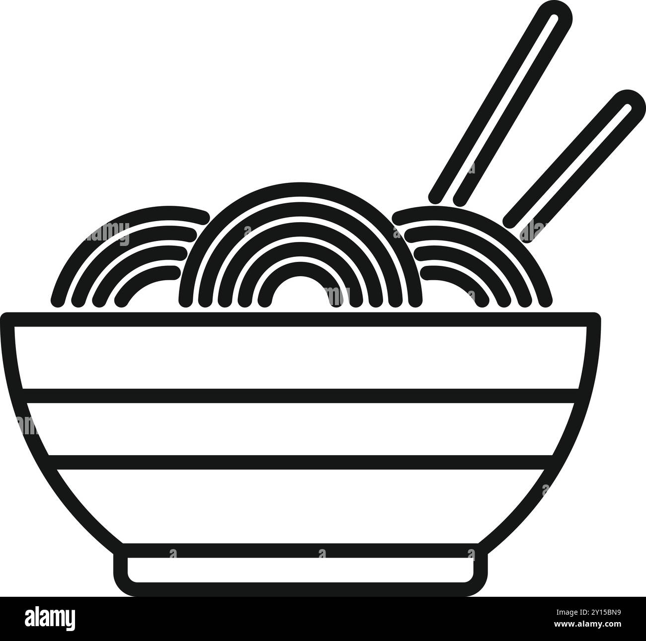 Semplice ed iconica illustrazione vettoriale in bianco e nero di una ciotola di spaghetti con bacchette, perfetta per rappresentare la cucina asiatica Illustrazione Vettoriale