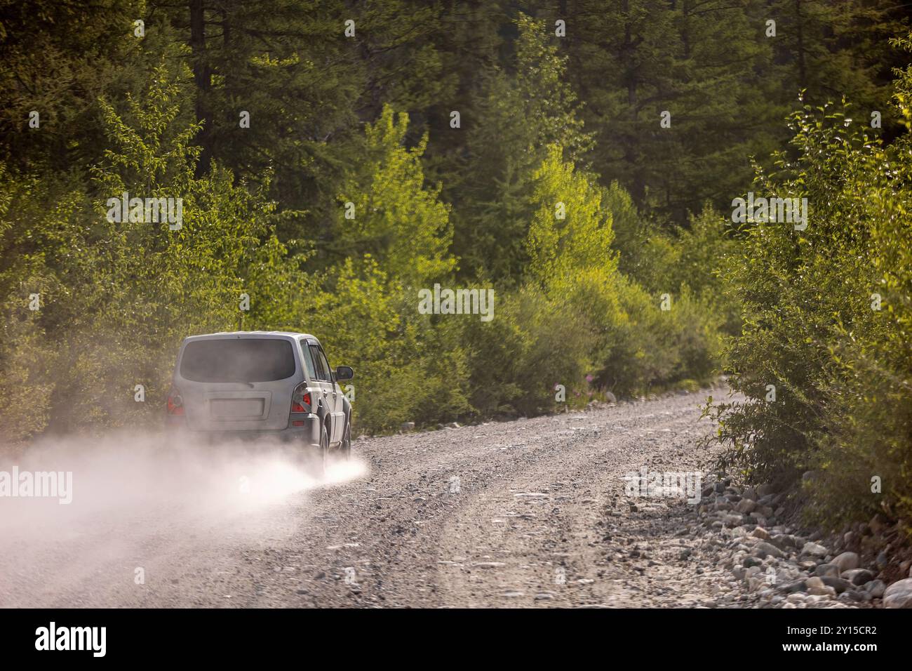 SUV coreano su una strada sterrata nella foresta in Russia Foto Stock