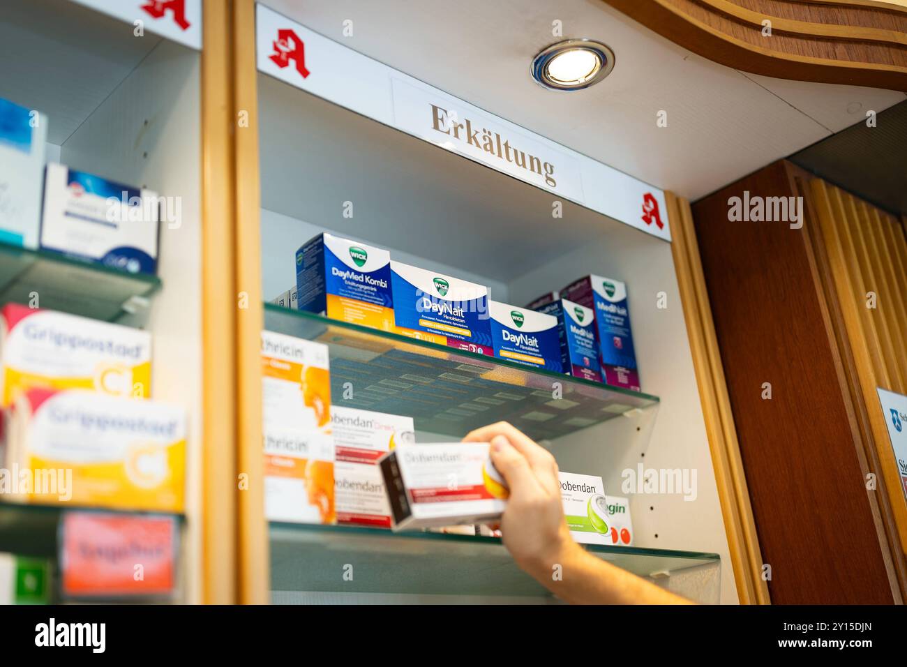 Melle, Germania 05. Settembre 2024: IM Bild: In einem Regel einer Apotheke ist das Apothekenlogo und der Schriftzug Erkältung angebracht. Der Apotheker greift nach einem Mittel für die Erkältungszeit. Landkreis Osnabrück Niedersachsen *** Melle, Germania 05 settembre 2024 nella foto il logo della farmacia e le parole freddo sono visualizzate in una regola di una farmacia che il farmacista raggiunge per un rimedio per la stagione fredda Distretto di Osnabrück bassa Sassonia Copyright: XFotostandx/xGelhotx Foto Stock