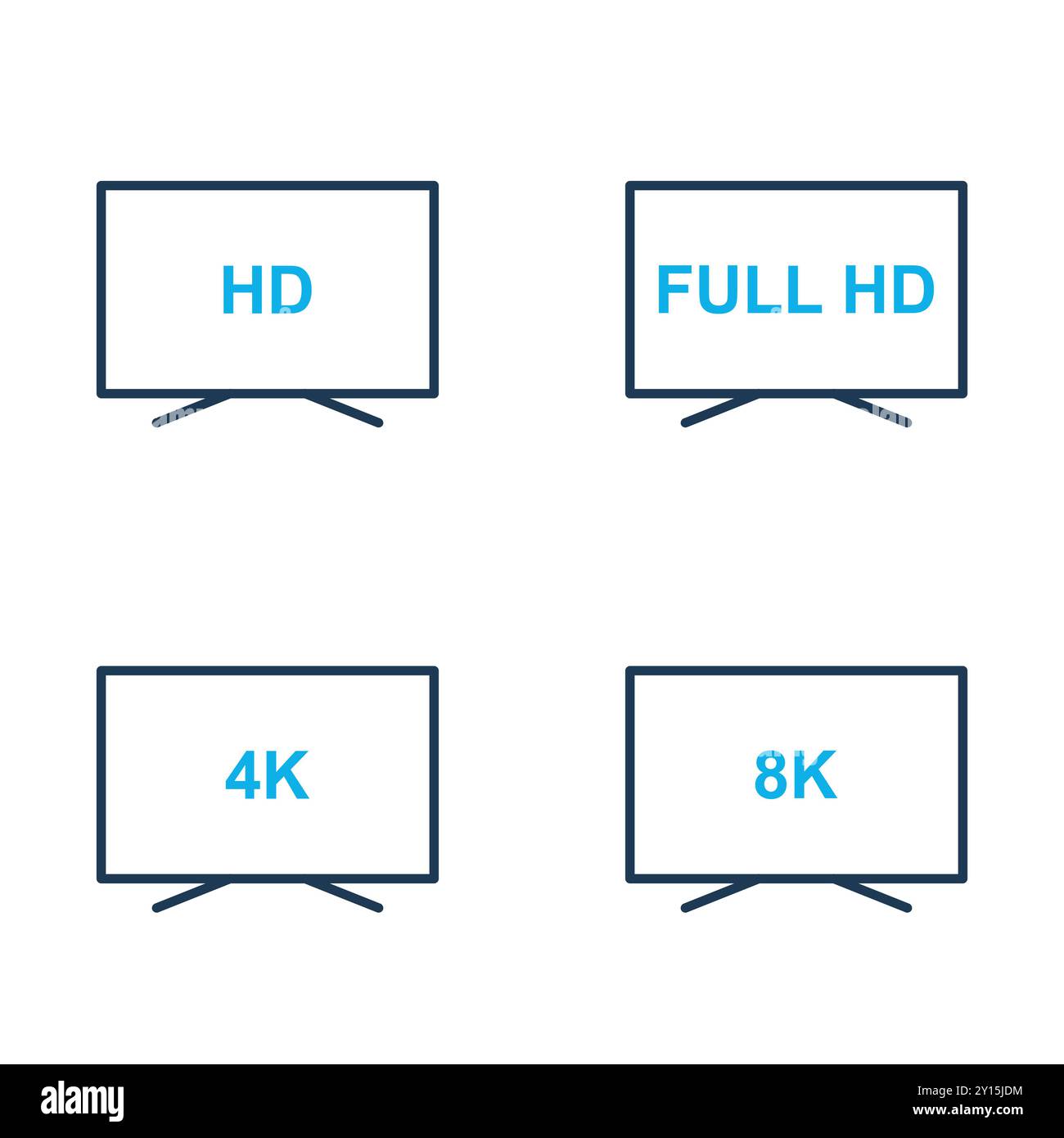 Set vettoriale icone TV. Icone di risoluzione video HD, Full HD, 4K, 8K. Display con qualità diversa. Traccia modificabile. Illustrazione vettoriale Illustrazione Vettoriale