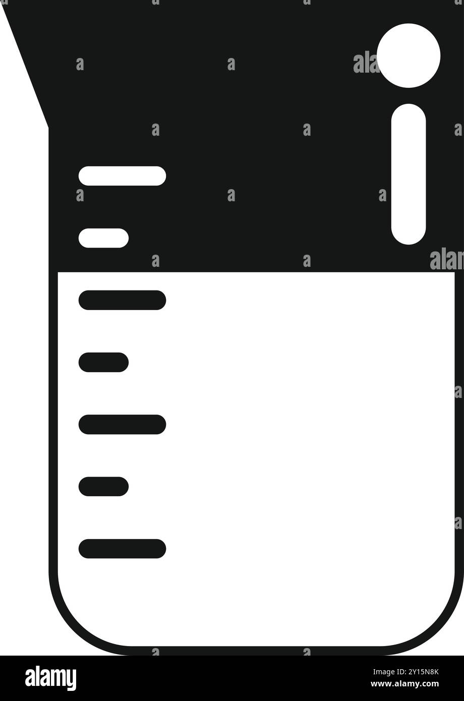 Icona vettoriale in bianco e nero di un becher da laboratorio, un design semplice che rappresenta la misurazione scientifica e la sperimentazione Illustrazione Vettoriale