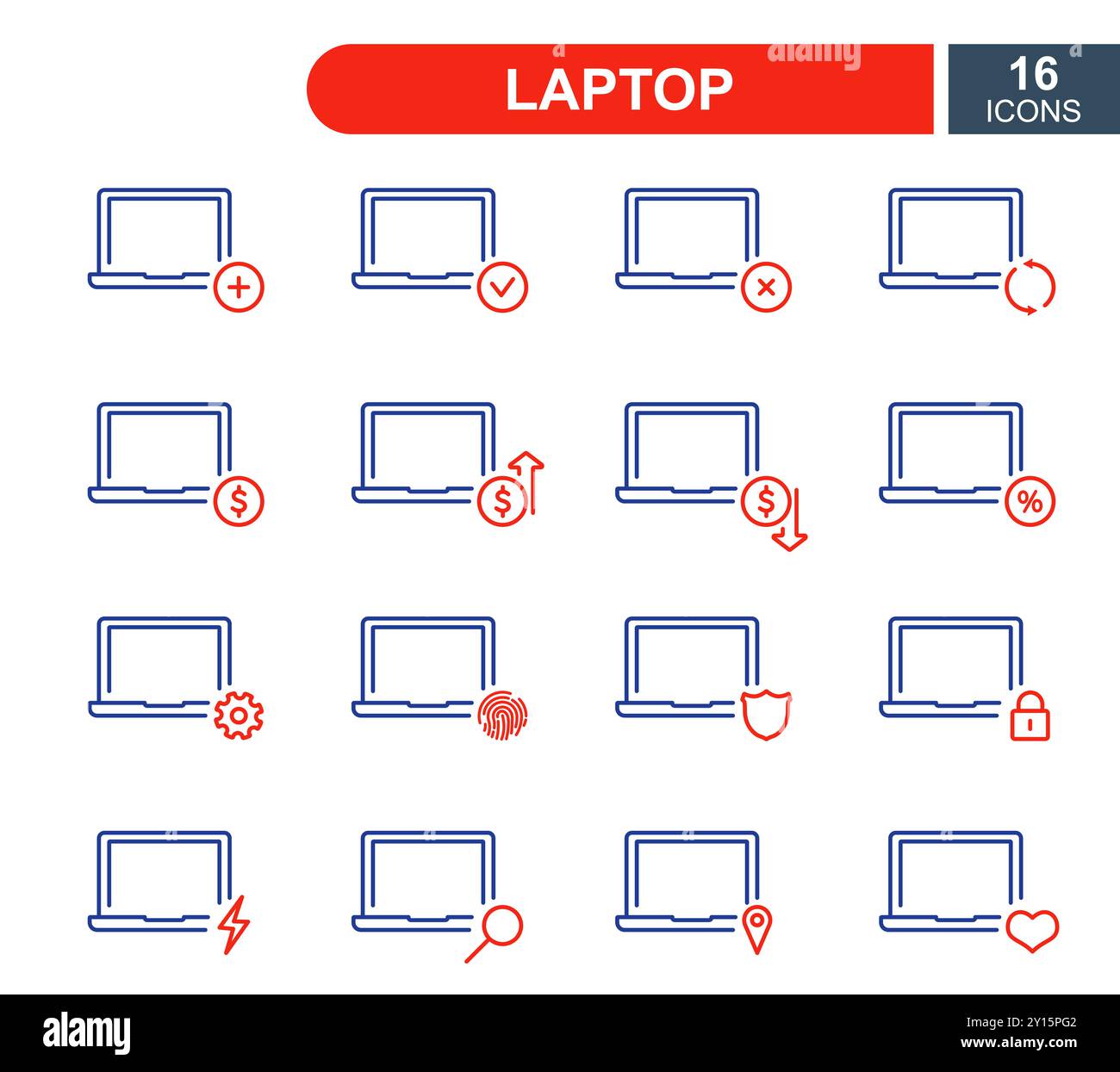 Serie di icone semplici della linea notebook. Icone di servizi di riparazione, vendita, prestito, rinnovo e aggiornamento delle linee di sistema. Tratto modificabile. Illustrazione vettoriale Illustrazione Vettoriale