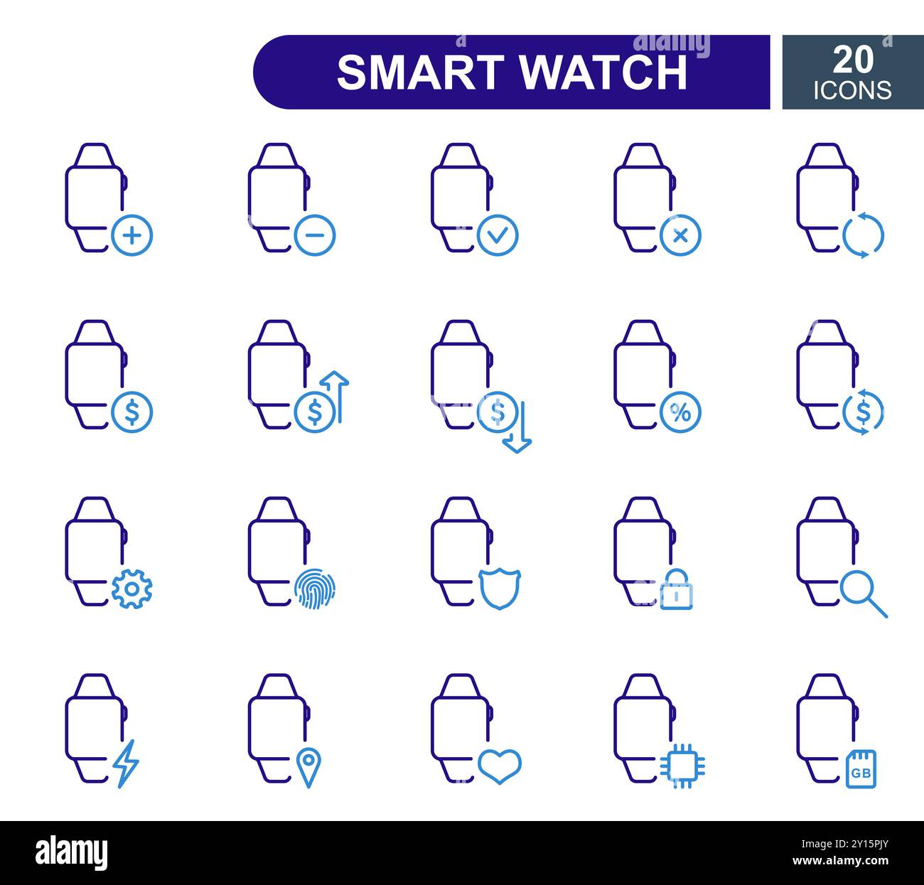 Set di icone Smart Watch Line. Icone delle linee di sistema di riparazione, vendita, prestito, rinnovo e aggiornamento di Smart Watch. Tratto modificabile. Illustrazione vettoriale Illustrazione Vettoriale