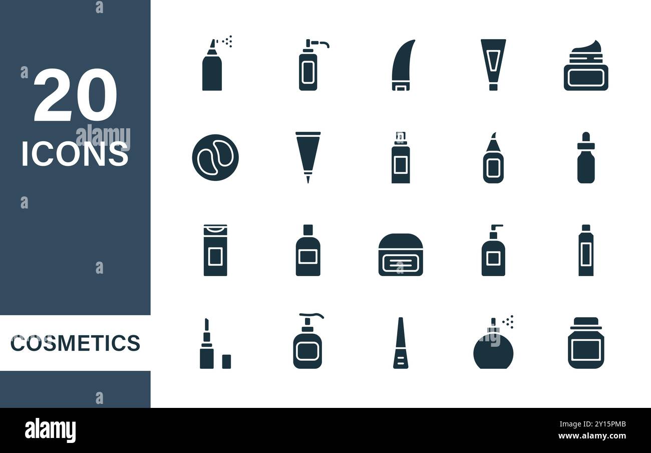 Prodotti cosmetici di bellezza per la cura del corpo, della pelle e dei capelli. Flaconi con spray, dispenser, vaschetta per la crema, tubo e diversi contenitori per la cura. Set di Illustrazione Vettoriale