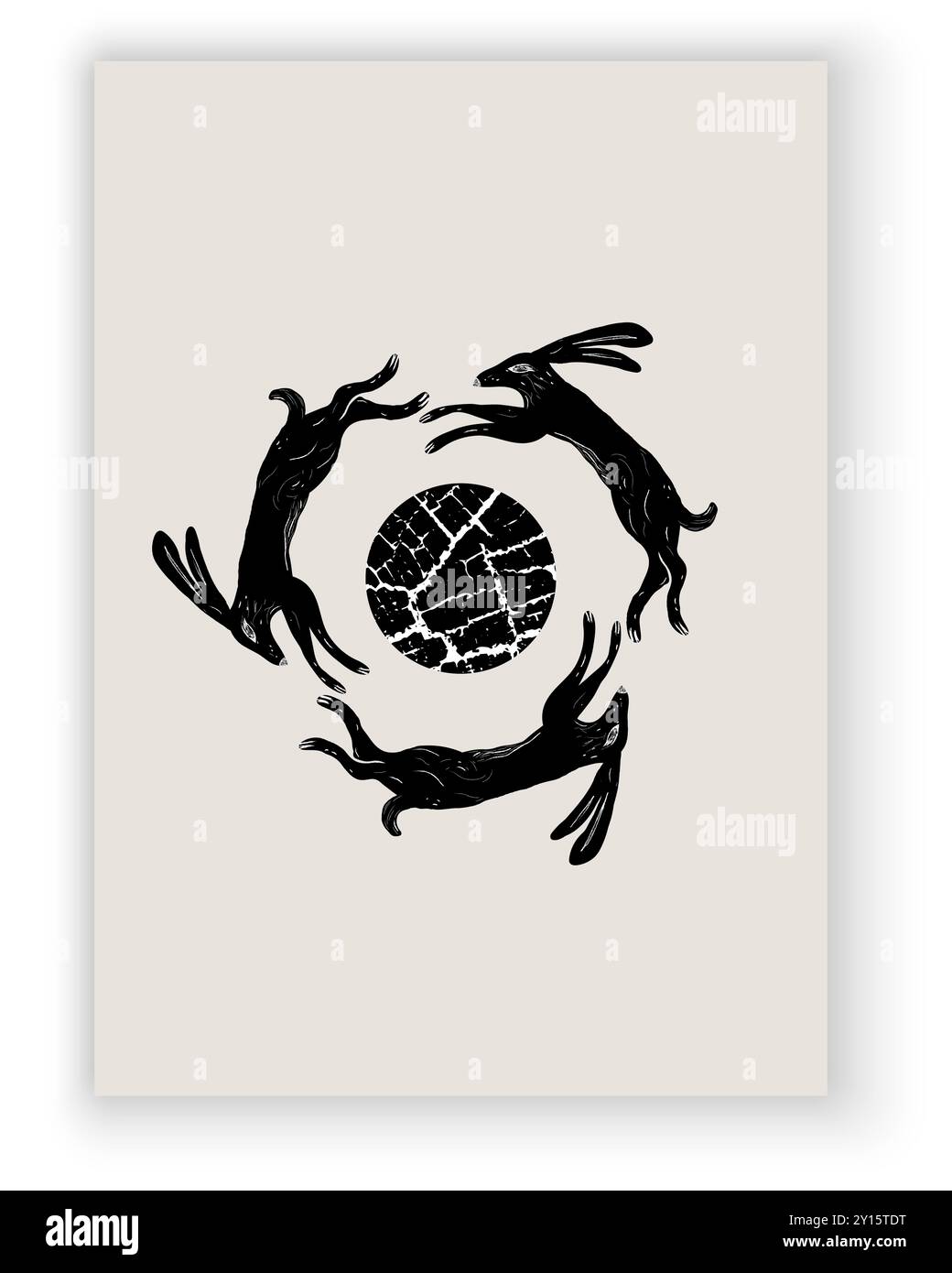 Design di poster: Conigli, pianeta, sfera. Bianco e nero. Misticismo, esoterismo, mappe metaforiche. Raccolta di poster, cartoline, stampe. Illustrazione Vettoriale