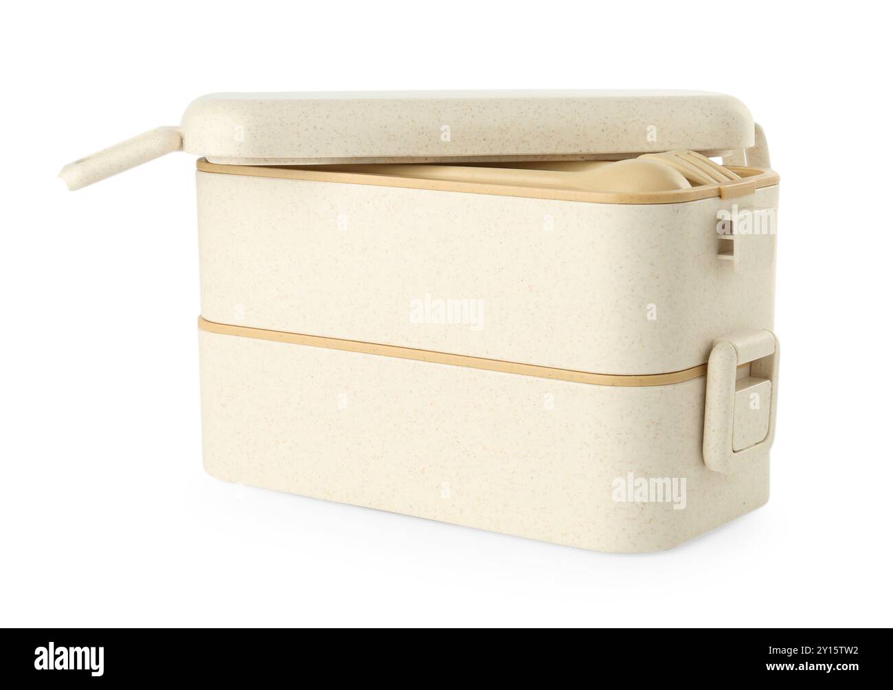 Portavivande in plastica con posate isolate su bianco Foto Stock