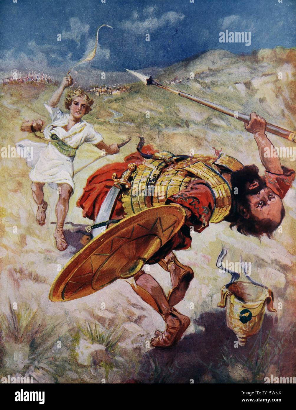 Illustrazione di David Slay the Giant Goliath dopo averlo colpito con una pietra che uccide Golia dal libro religioso per bambini del XIX secolo Sunday Aft Foto Stock