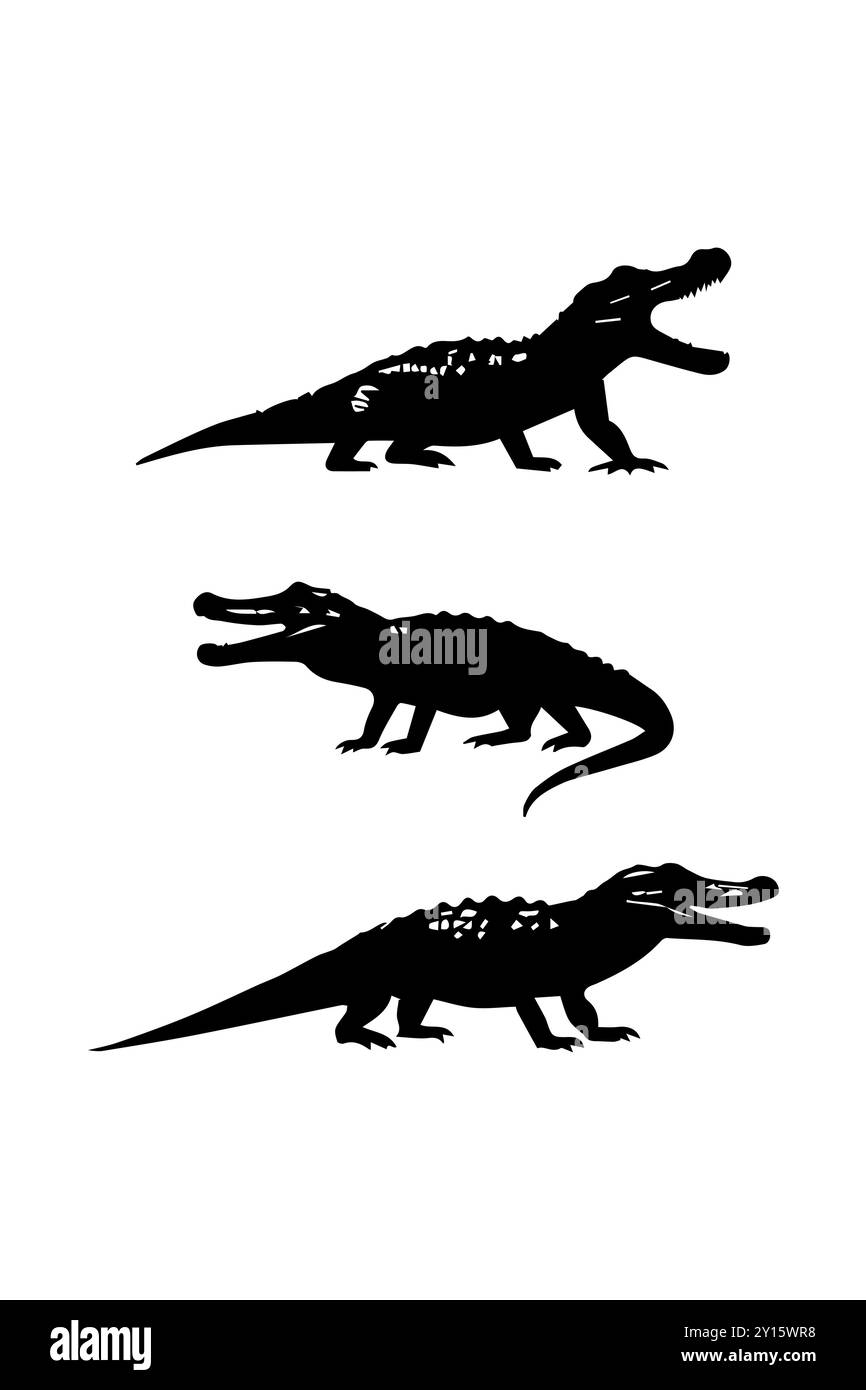 Design vettoriale con silhouette a coccodrillo isolato su sfondo bianco Crocodile, vettore alligatore, illustrazione, silhouette bianche. lucertola, rettile, Pre Illustrazione Vettoriale