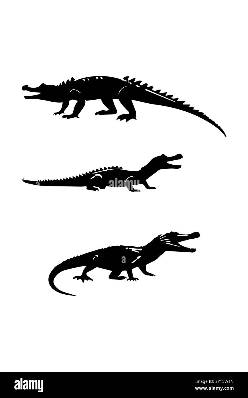 Design vettoriale con silhouette a coccodrillo isolato su sfondo bianco Crocodile, vettore alligatore, illustrazione, silhouette bianche. lizard, pacchetto rettili Illustrazione Vettoriale